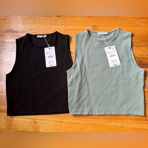 NWT Zara Women Crop Sleeveless Tops T Shirt Black and Green size M